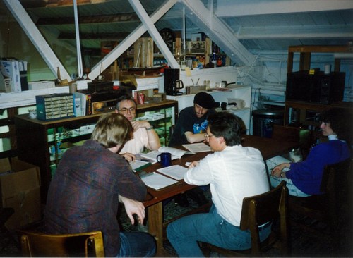 Great minds meeting: Scott David Aniolowski, Lynn Willis, Kevin A Ross, Keith Herber & Sharon Herber at Chaosium, 1990.