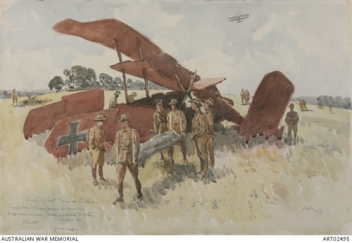 Death of Baron von Richthofen, by A. Henry Fullwood. Source: Australian War Memorial.